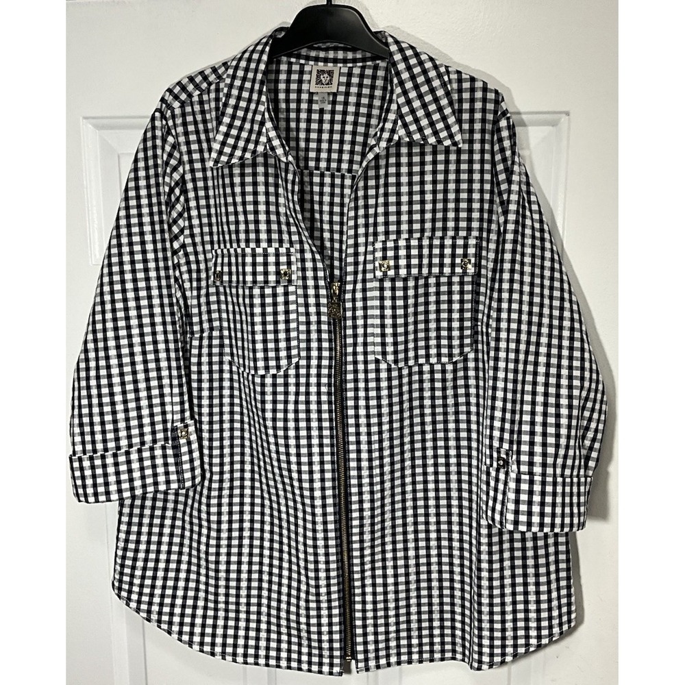 Anne Klein Navy/Black/White Checkered Full Zip Flip Sleeve Blouse Women 1X-US-14